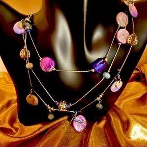 Necklace - 3 strand silver tone metal box chain with silver, purple & blue beads